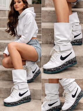 Nike Air Force 1 Upstep Warrior Leather Sneaker Boots White Black